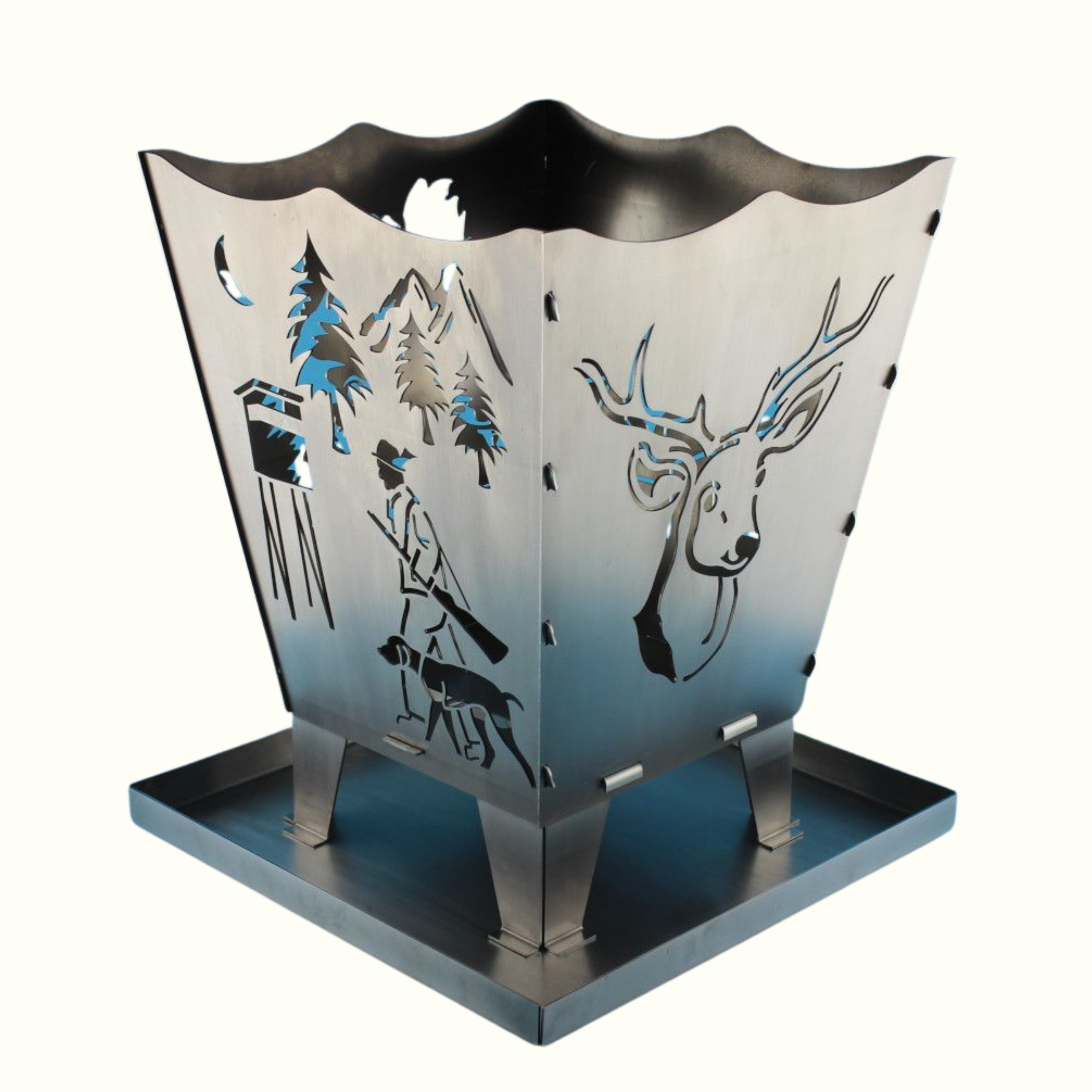 feuerkorb mit rehbock und jaeger