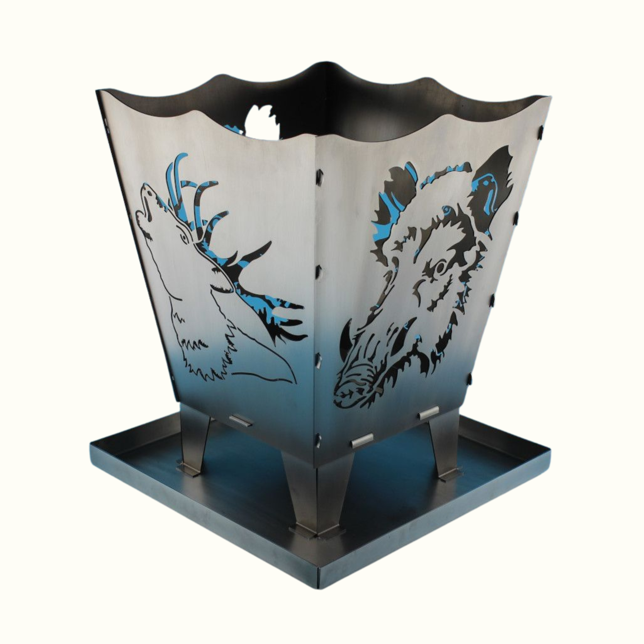 feuerkorb mit hirsch und wildschwein