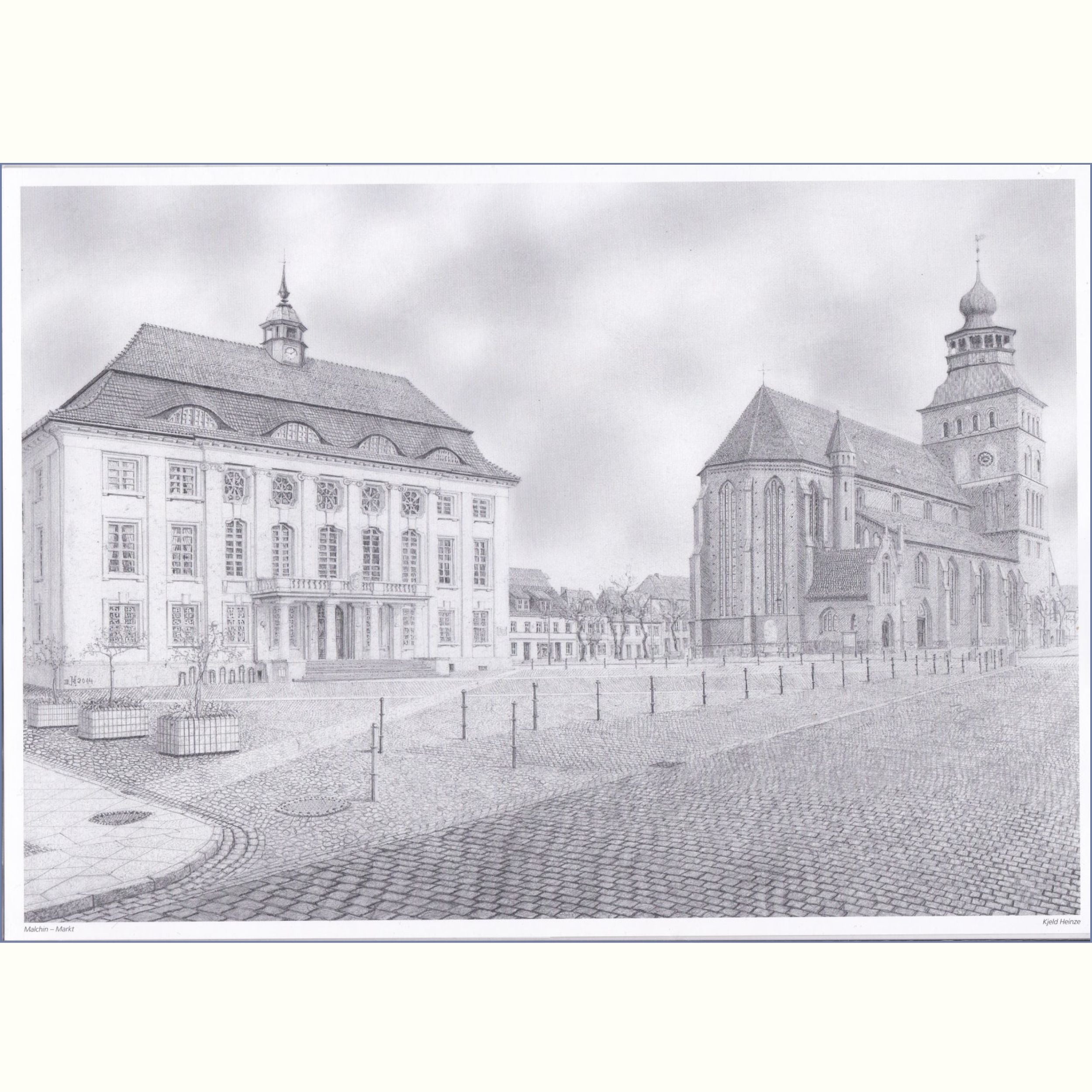 Bleistiftzeichnung vom Malchiner Markt