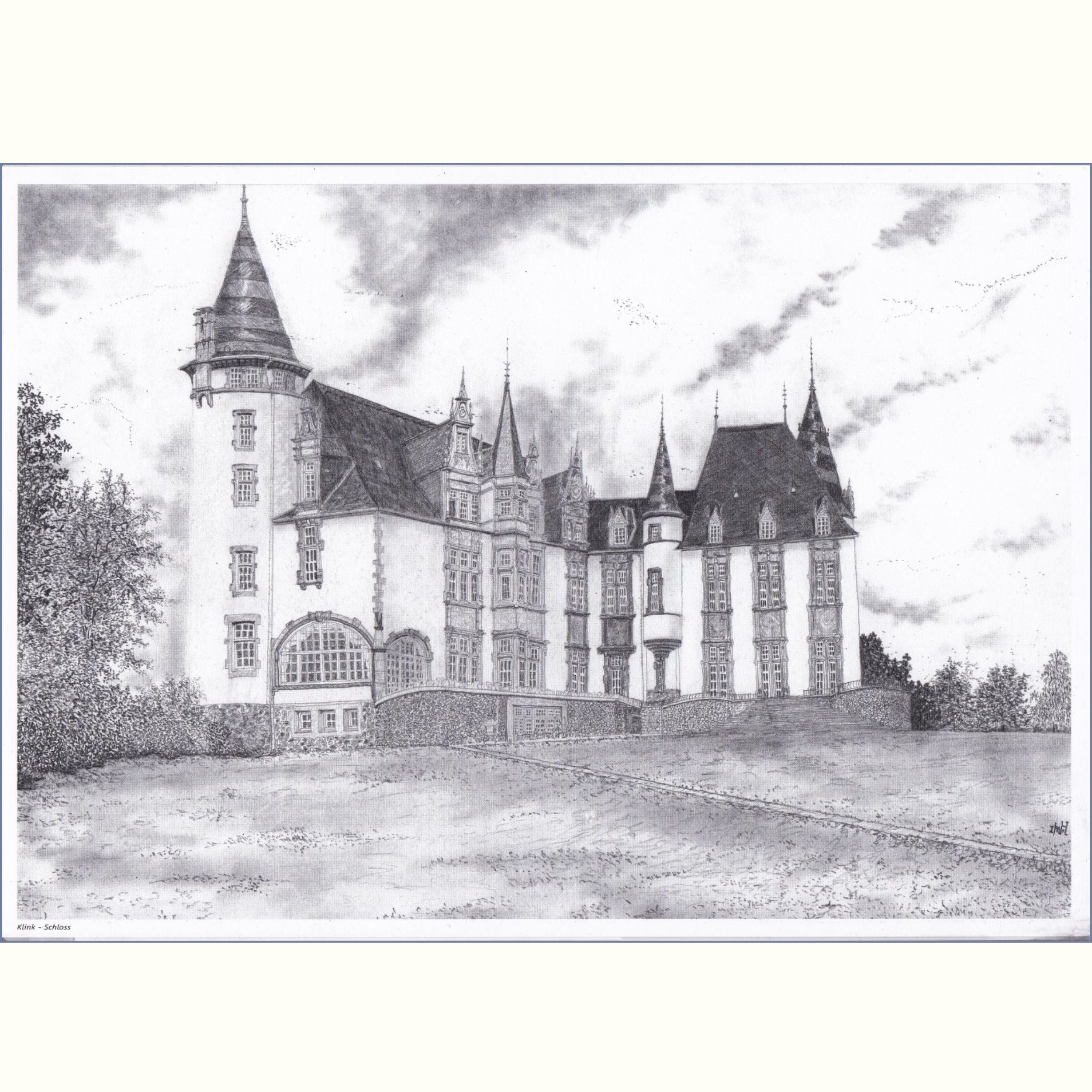 Bleistiftzeichnung vom Schloss in Klink