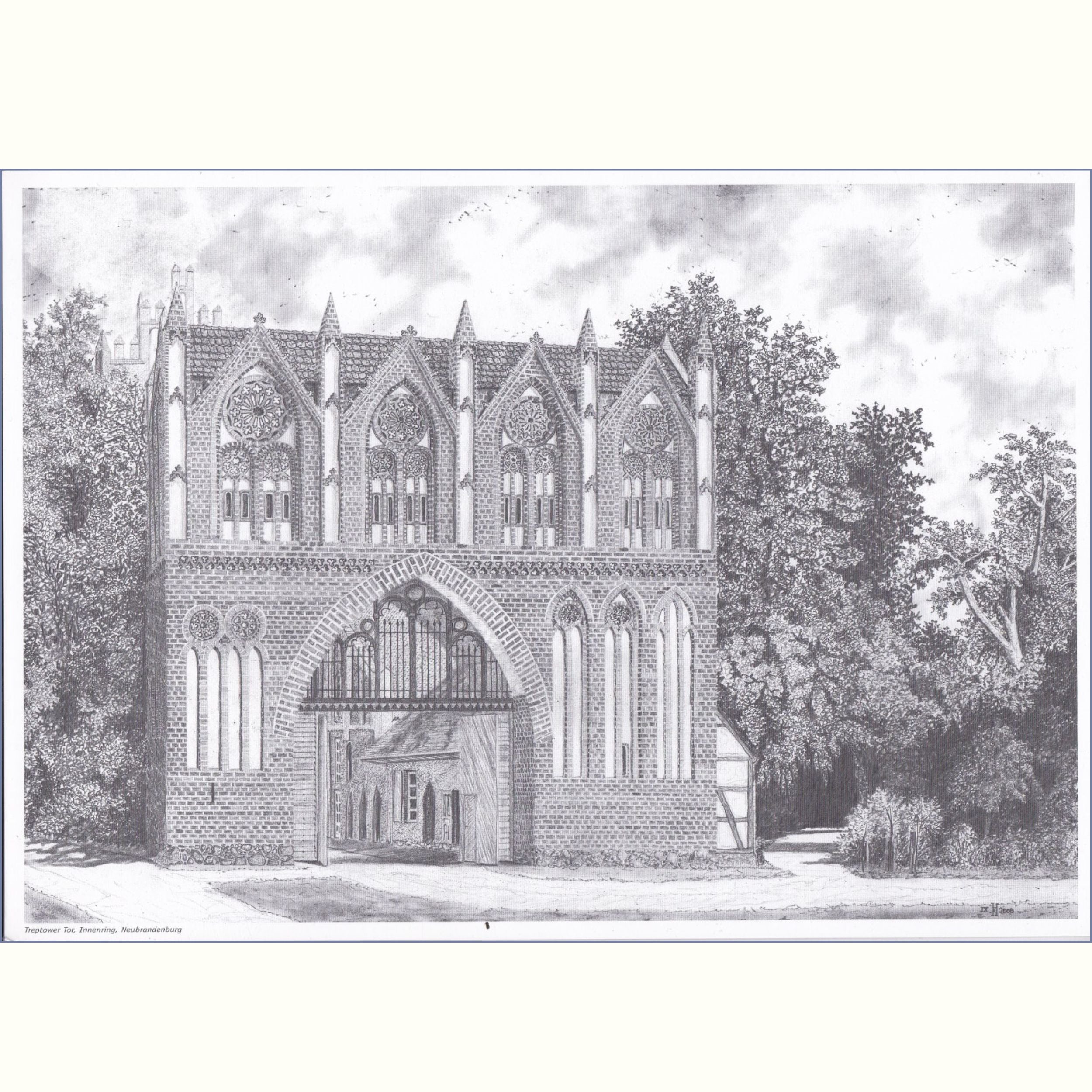 Bleistiftzeichnung vom Treptower Tor in Neubrandenburg
