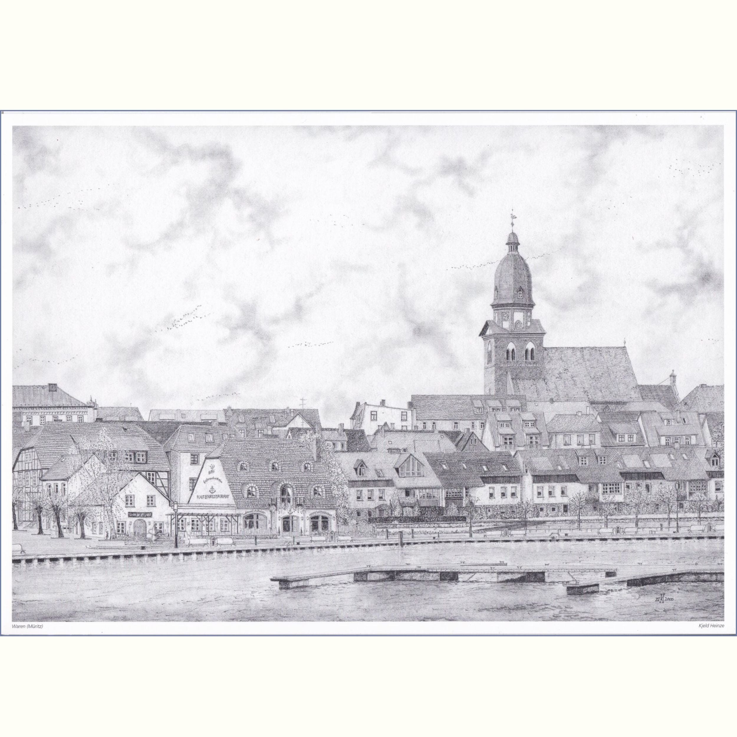 Bleistiftzeichnung vom Hafenblick von waren (Müritz)